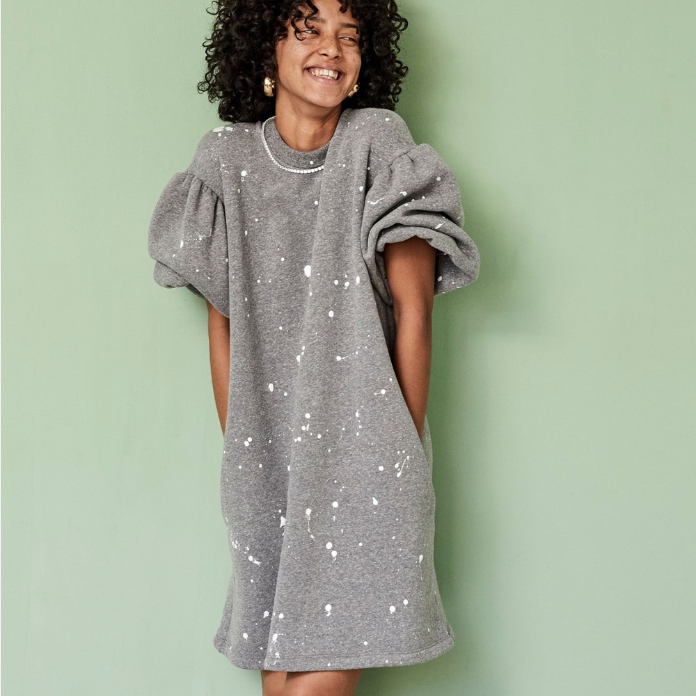 Clare V Gray Sweatshirt Dress with White Paint Splatter